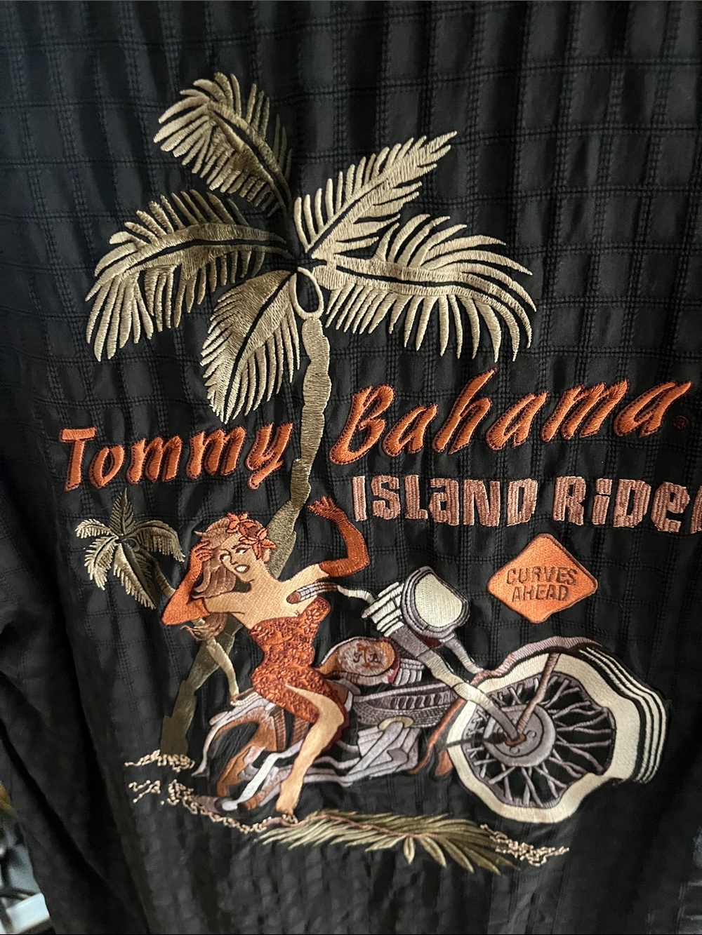 Tommy Bahama Black shirt island rider motorcycle Hula girl curves Embroidery M